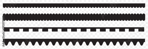 Scalloped edge line border strokes set. Fabric laces silhouette frame. Repeat cute vintage frill ornament. Black color Scalloped edge. Vector illustration. EPS 10