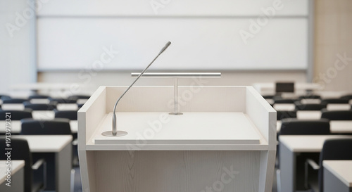 Wooden podium with microphone in lecture hall with rows of empty chairs