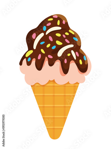 Ice cream in a golden waffle cone. The ice cream is generously coated with chocolate sauce. Colorful sprinkles are sprinkled throughout the chocolate coating. Flat vector clipart, illustration with is