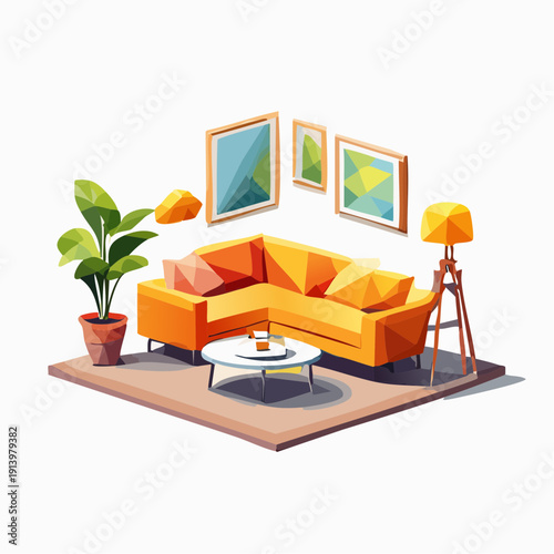 Cozy Living Room Isometric Illustration with Sofa, Coffee Table, and Plant
