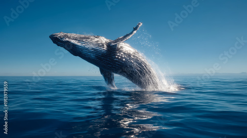 A majestic whale breaching in a clean, sparkling ocean, shot from a boat deck.