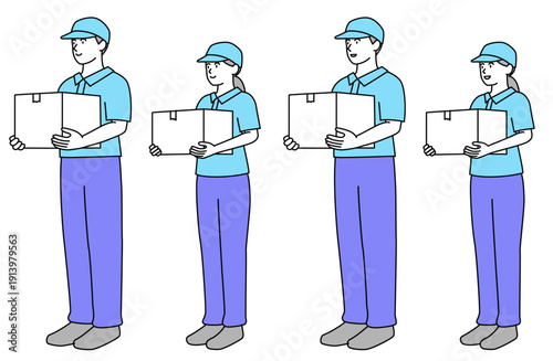 笑顔で段ボールを抱える男女の作業員のシンプルな線画ベクターイラストセット・全身・横向き