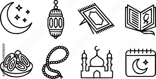 Islamic ramadan celebration icons including crescent moon lamp prayer rug quran book dates and mosque elements