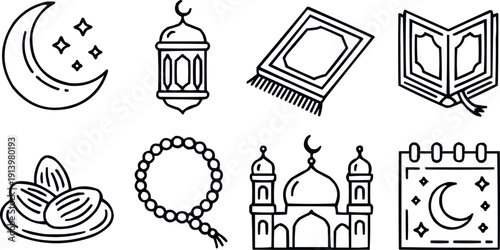 Ramadan kareem icon set with crescent moon lantern prayer mat holy book dates beads mosque and calendar design