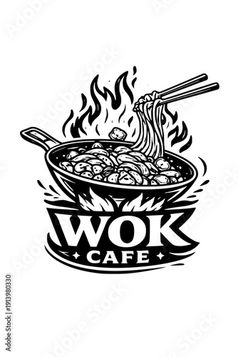 Wok cafe logo with noodles in frying pan and flames. Sketch style vector emblem for restaurant branding and menu design.
