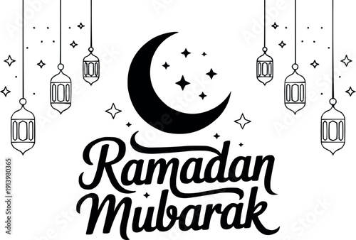 Ramadan mubarak calligraphy with crescent moon and hanging lanterns for islamic celebration background