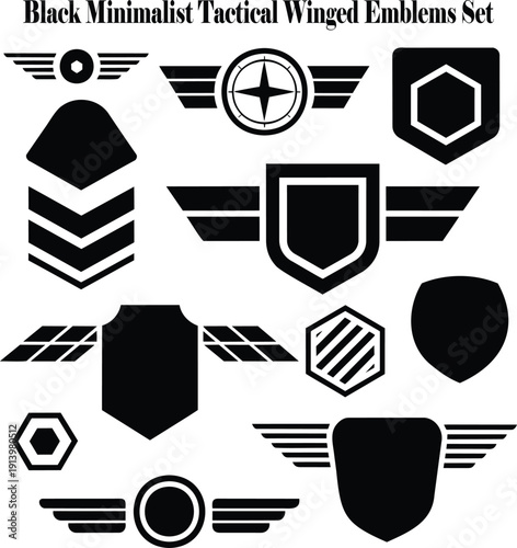 Collection of black minimalist tactical winged emblems including shields, geometric shapes, and various insignia designs