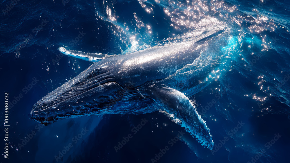 Fototapeta premium A majestic whale breaching in a clean, sparkling ocean, shot from a boat deck.