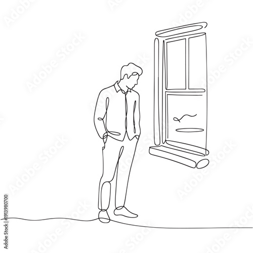 Man standing by window in minimalist line art style