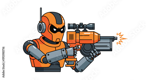 Orange Robot Holding Large Gun Firing.