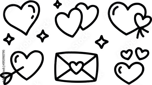 Valentine's day doodle icons hearts stars cupid arrow envelope set isolated transparent background hand drawn