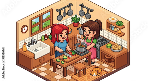Two Women Cooking Together in Kitchen.