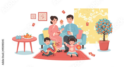 Illustration of a family with two children playing on the floor with red envelopes near a sofa in a warmly decorated living room.