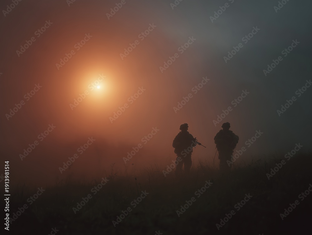Fototapeta premium Silhouetted soldiers walking through dense fog towards a bright, hazy sun at dawn
