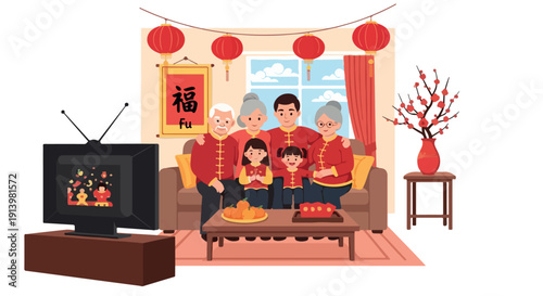 Illustration of a multi-generational family watching television together in a living room decorated with red lanterns and Chinese New Year elements.