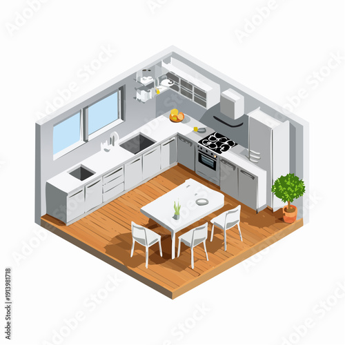 Modern Kitchen Interior Design with Dining Area and Appliances