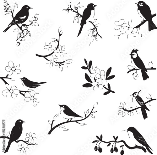 black and white illustration of various birds on flowering tree branches