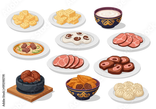 Traditional Mongolian Food Vector Collection on White Background