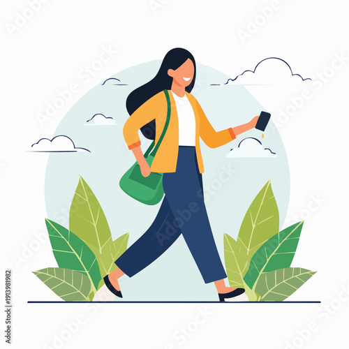 Confident female pedestrian walking outdoors, engaged with her smartphone in a pleasant urban setting