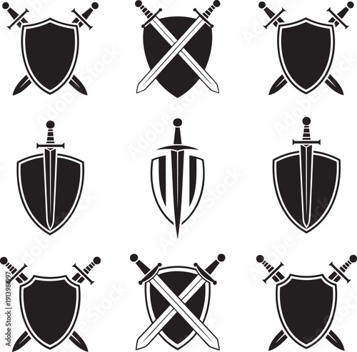 A collection of nine black silhouette shield and sword medieval emblems on a clean white background