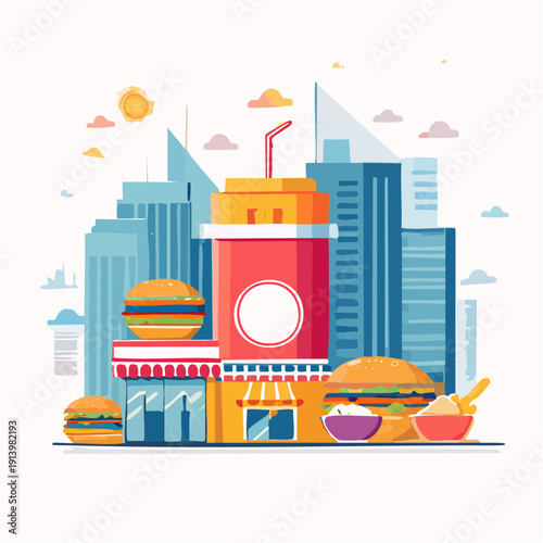 Urban Fast Food Restaurant with Cityscape Background and Delicious Meals