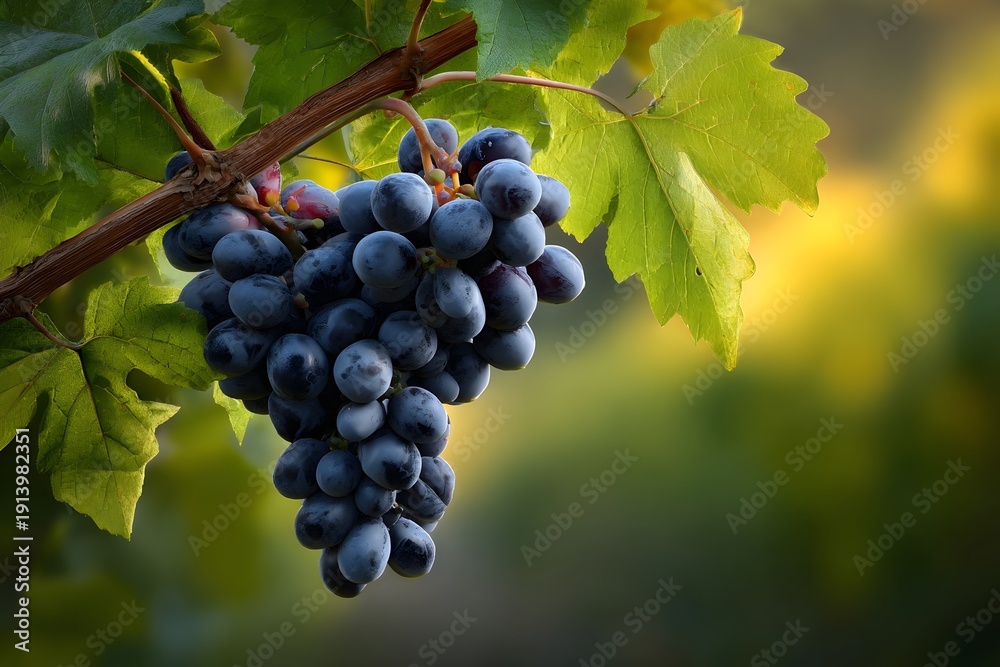 Fototapeta premium Close-up of dark blue grapes hanging from a vine, surrounded by green leaves. Sharp focus on the textured, ripe fruit with a soft yellow-green blurred vineyard background.