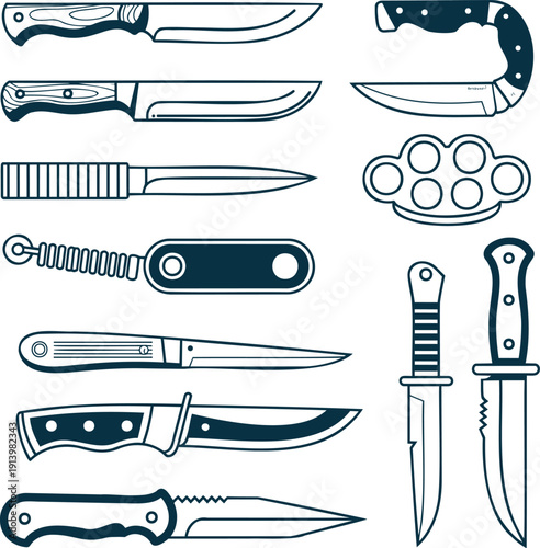 A practical assortment of different hunting and combat knives along with a knuckle duster in an outline style
