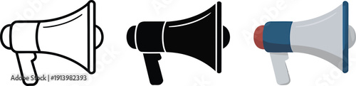Three different styles of megaphone icons presented in a row for graphic design purposes