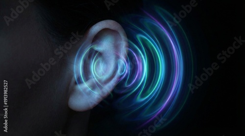 Close-up of a human ear with glowing sound waves emanating outwards, representing hearing and audio