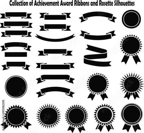 A versatile collection of black achievement award ribbons and rosette silhouettes for various recognitions