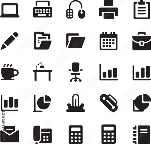 black and white office supplies and gadgets icons set