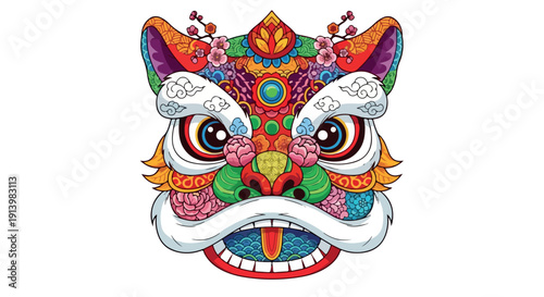 Vibrant lion dance mask with intricate floral patterns and bright colors on a white background, flat design style.