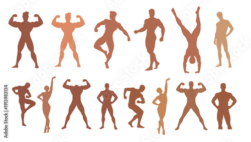 Large group of male silhouettes in various athletic and gymnastic poses