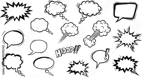 A collection of comic book style speech bubbles and explosion effects