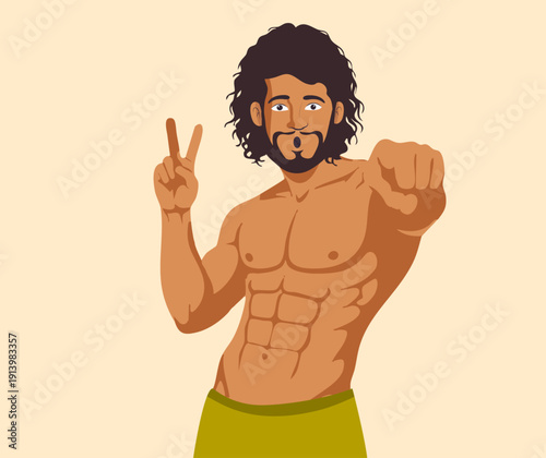 Handsome muscular man with long curly hair showing peace sign pointing forward