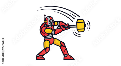 Cartoon Superhero Wielding Large Yellow Hammer.