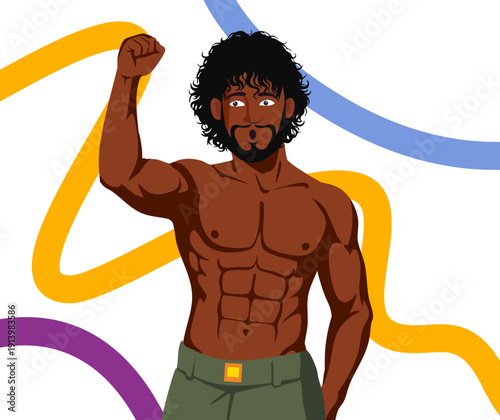 Strong man with curly hair flexing arm with abstract colorful lines
