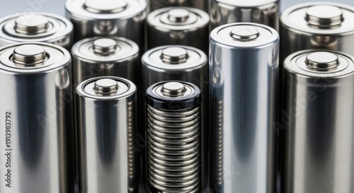 Stack of silver AA batteries with coins energy saving finance concept 3d render