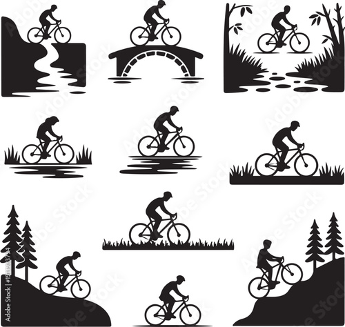 black silhouettes of cyclists riding bikes in various landscapes