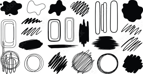 A collection of various black and white abstract shapes and marks