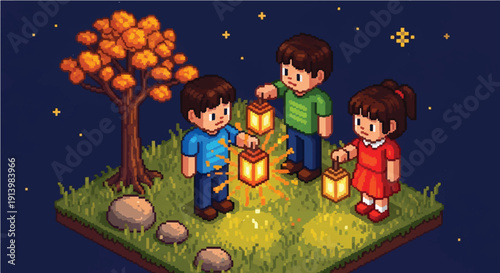 Children Gathering Lanterns in Cartoon Scene.
