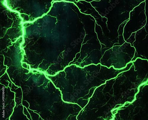 Abstract glowing green lightning bolts crackling across a dark textured vertical ribbed background seamlessly