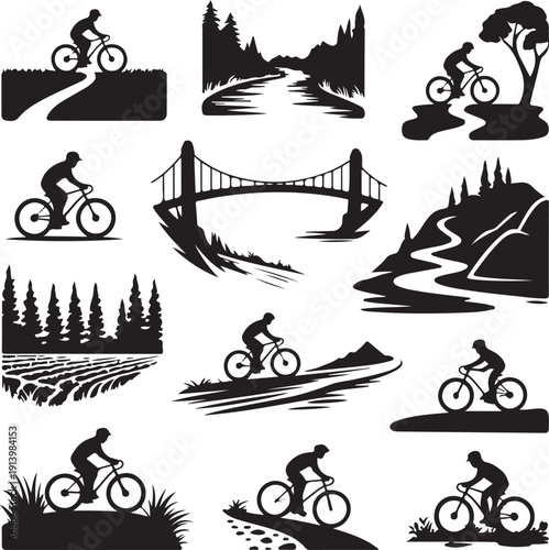 black silhouettes of cyclists riding bikes on various landscapes