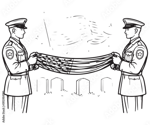 Line art of hands holding folded memorial flag