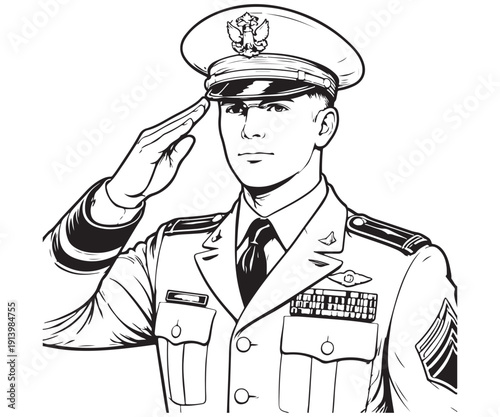 Line art of saluting soldier in dress uniform