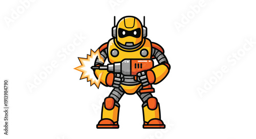 Cartoon Robot Character With Gun Firing.