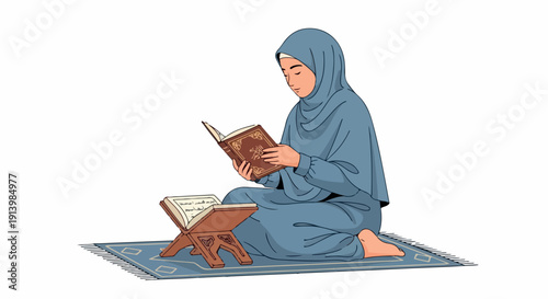 A woman wearing a hijab reads a book sitting on a prayer mat with a wooden bookstand beside her.