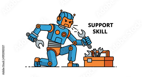 Robot Character with Wrench and Toolbox.