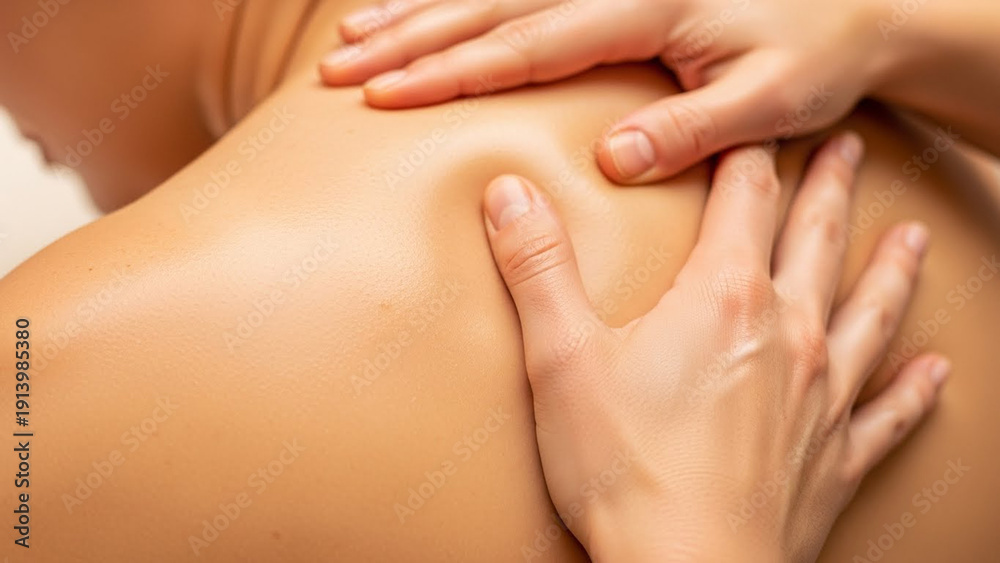 Fototapeta premium Professional massage therapy: close-up of a woman's back receiving a theutic massage with hands, promoting relaxation and well-being for holistic health.