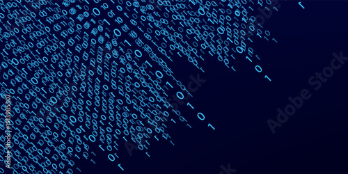Matrix technology background. Cyber security with binary code. Rapidly falling randomly blue numbers. Decoding algorithms hacked software. Big data visualization.